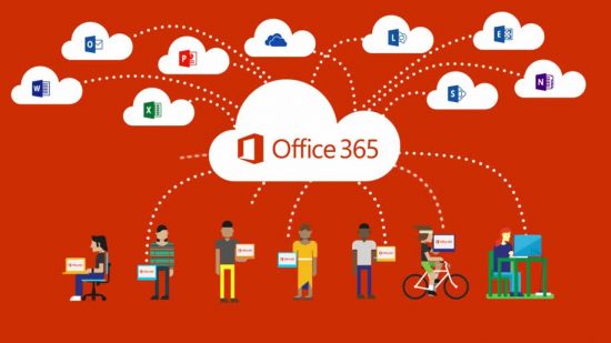 Office 365 logo in a cloud connected to other Office 365 product logos